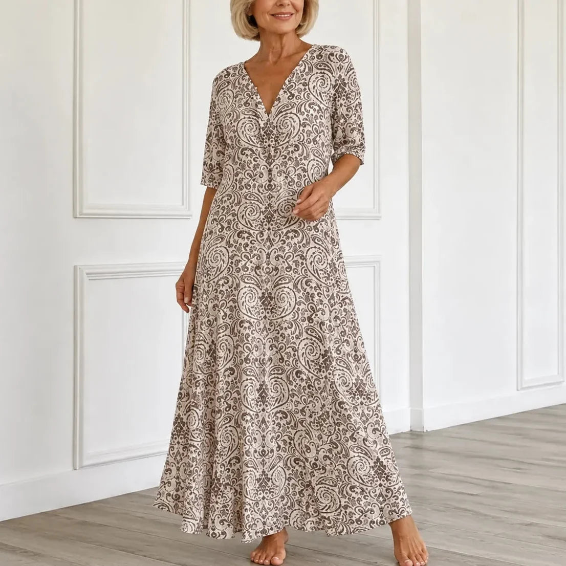 Florenza – Vintage Paisley V-Neck A-Line Maxi Dress with Half Sleeves