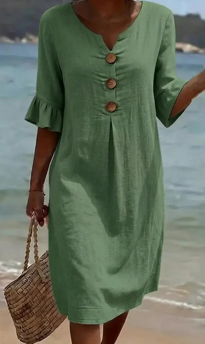 Vanesa | Linen dress with texture, puff sleeves, and buttons