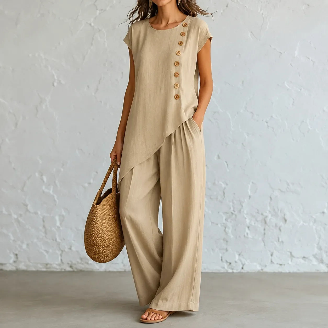 Elovena – Asymmetric Hem Matching Set with Wide-Leg Pants