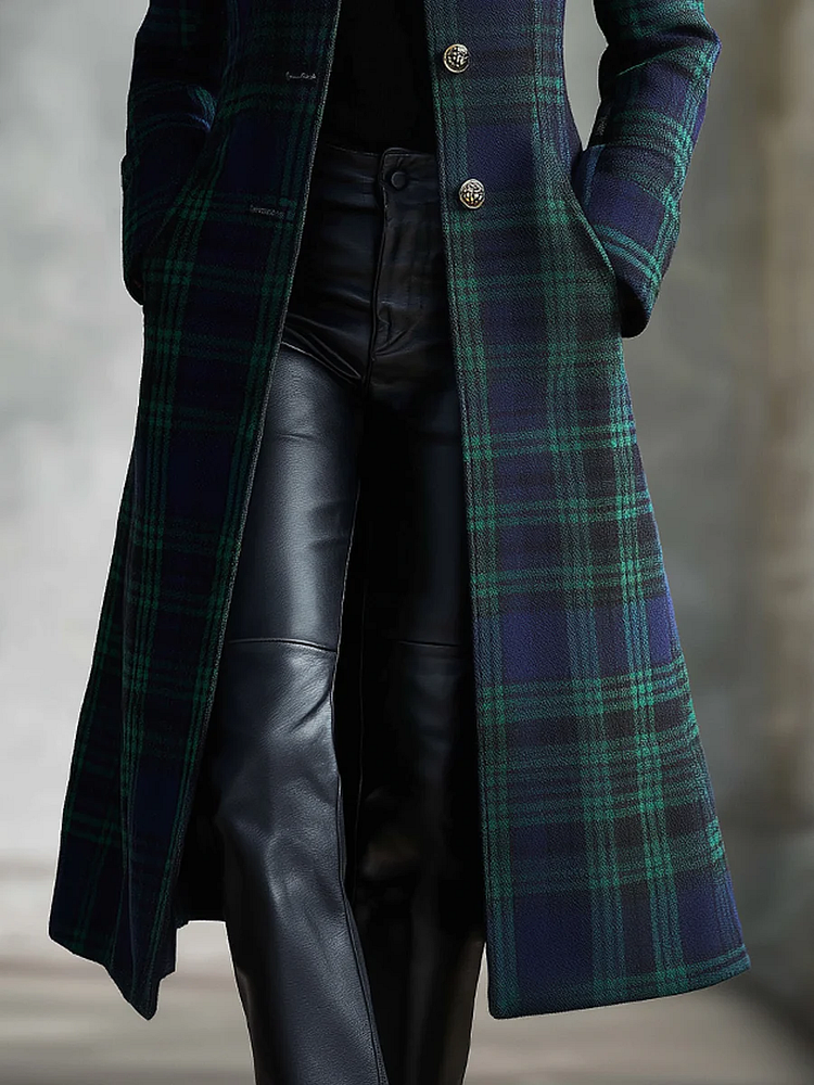 Retro blue-green checkered midi jacket with color blocks