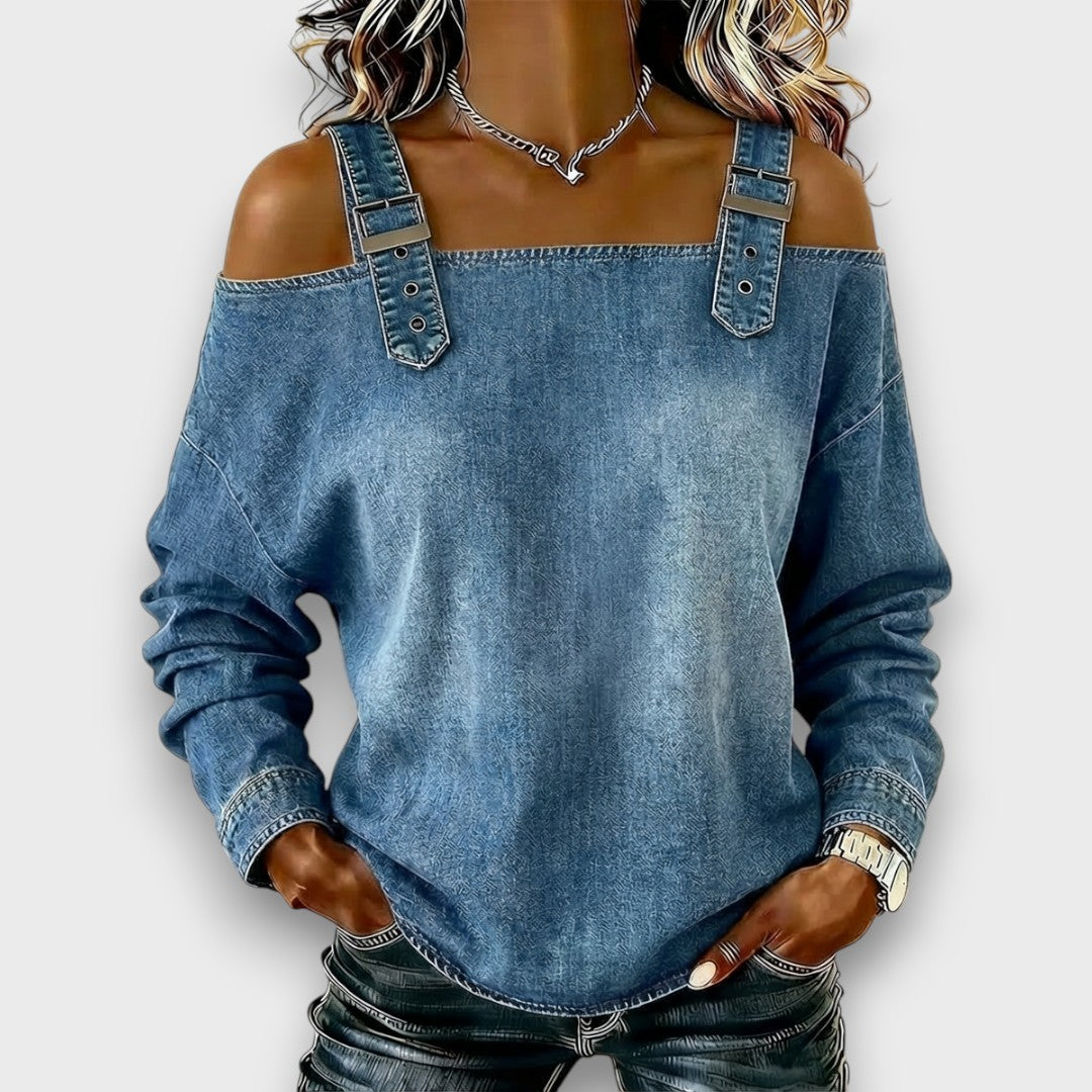 Velmira - Casual Buckle Strap Denim Top