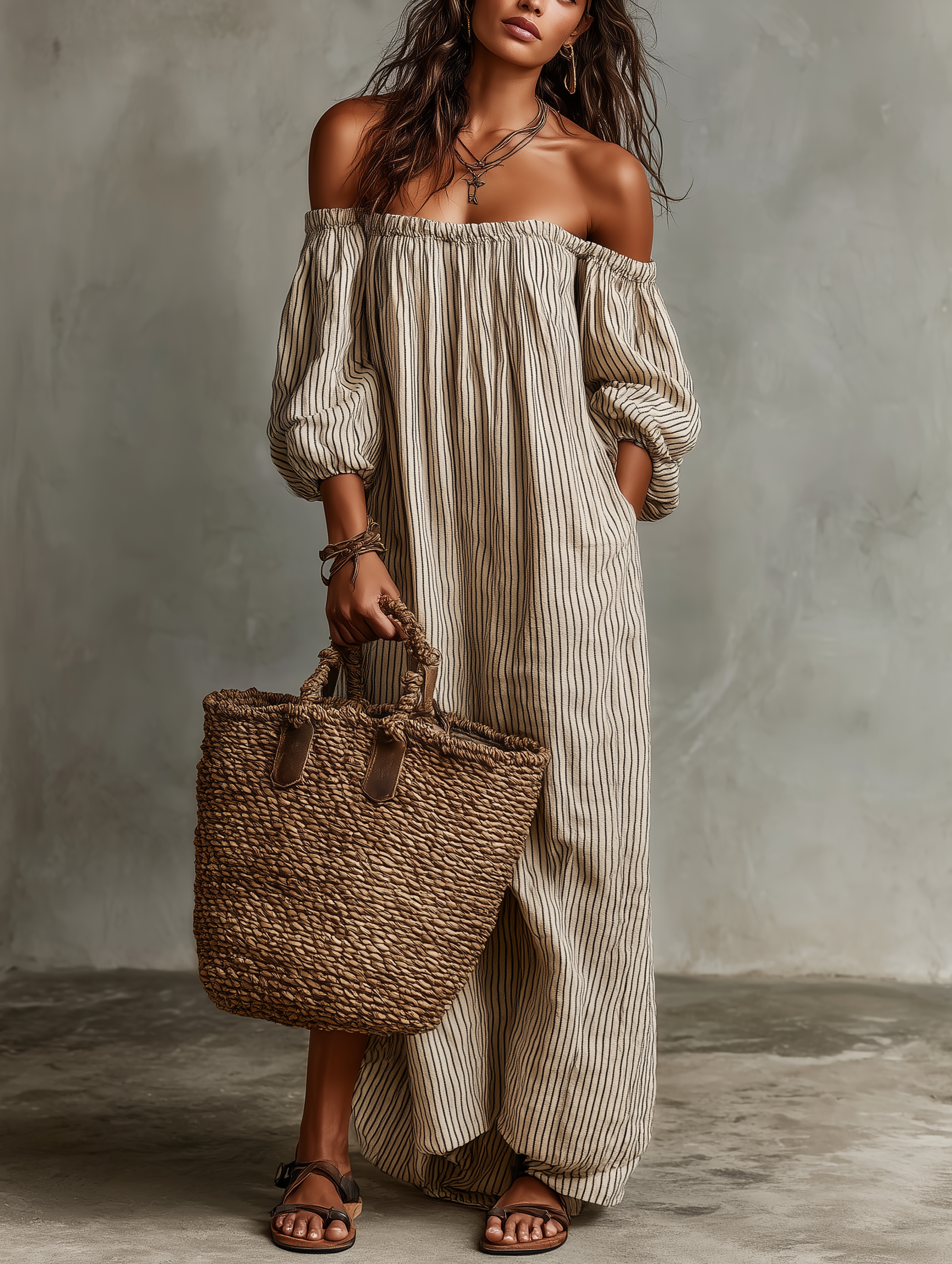 Maxi Dress in Cotton-Linen Off-shoulder Long Sleeve for Women