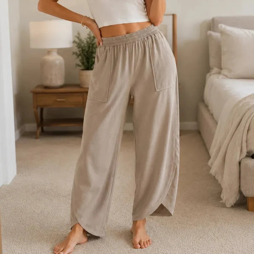 Lounella – Wide Leg Harem Pants with Elastic Waist and Deep Pockets