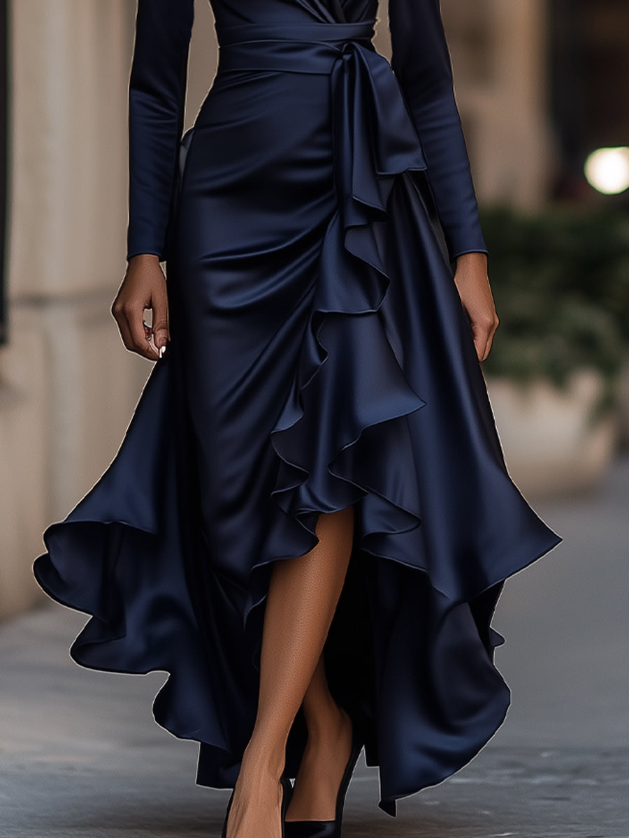 Palma | Maxi Dress in Draped Satin with Ruffle Details