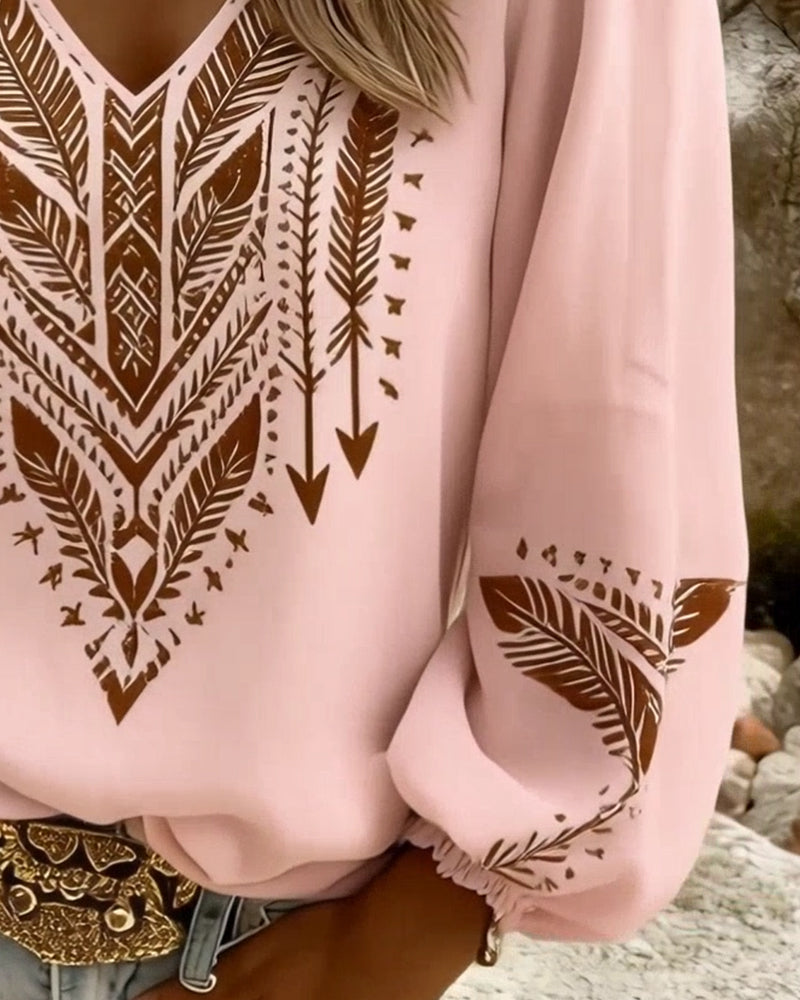 V-Neck Blouse with Puff Sleeves and Relaxed Fit