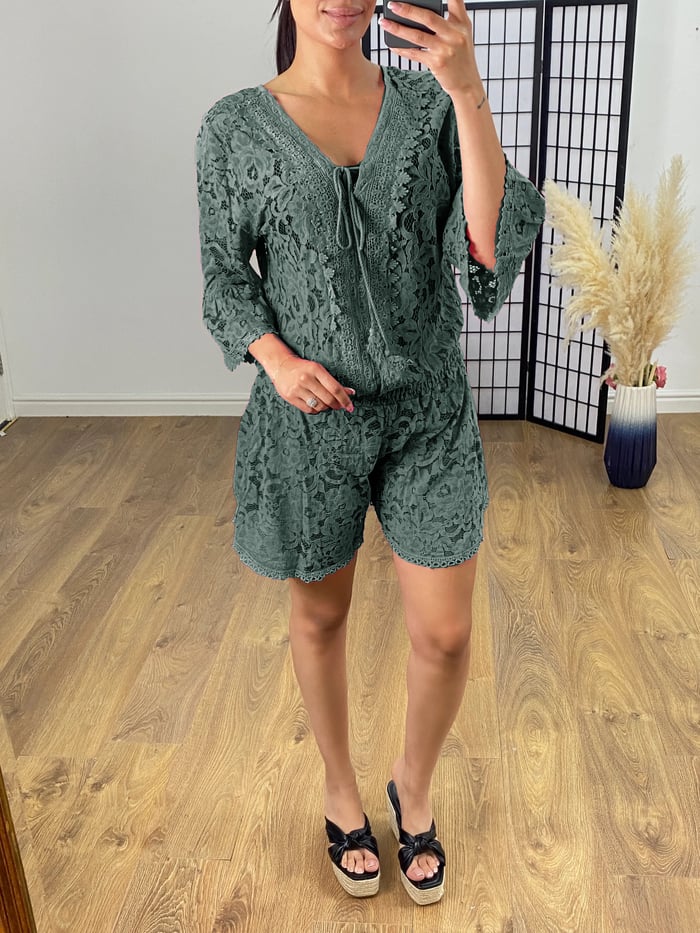 Michelle - Casual Short Lace Combination with V-Neck