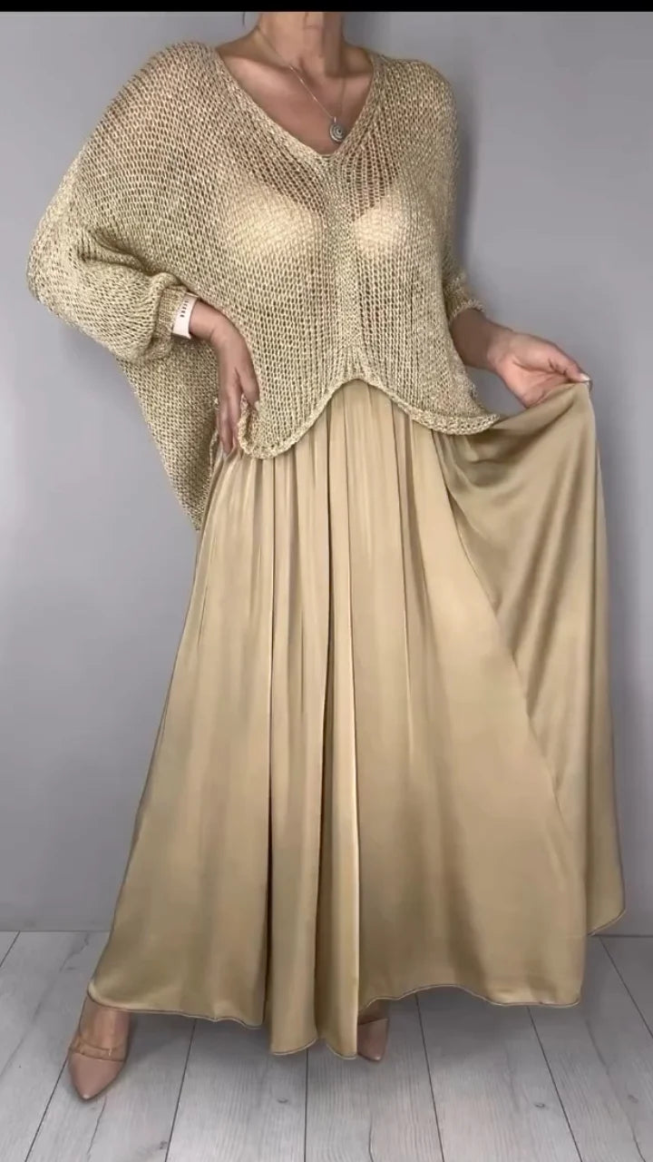 Gold Open Knit Cropped Sweater with Satin Maxi Skirt Set