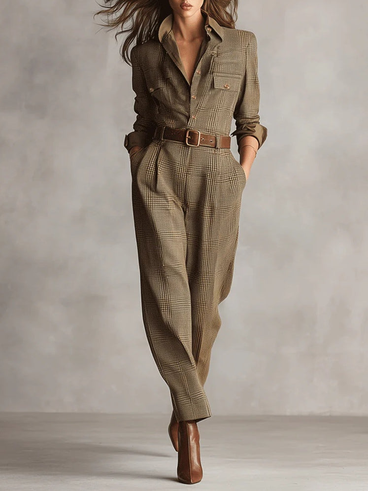 Alessia - Brown Tweed Utility Jumpsuit with Refined Pattern