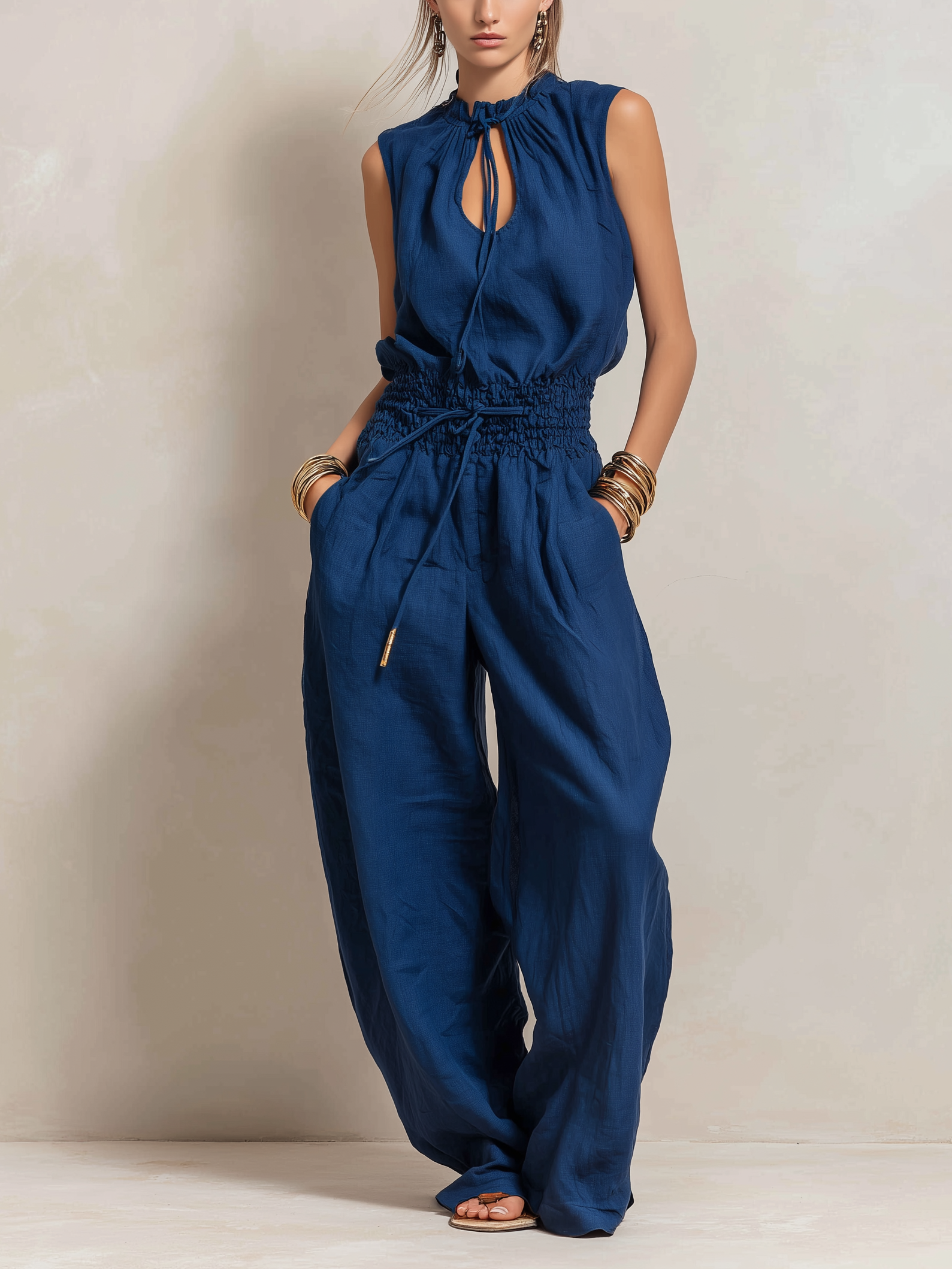 Women's Elegant Dark Blue Cotton-Linen Sleeveless Jumpsuit With Round Neck MDZ2068C2AN