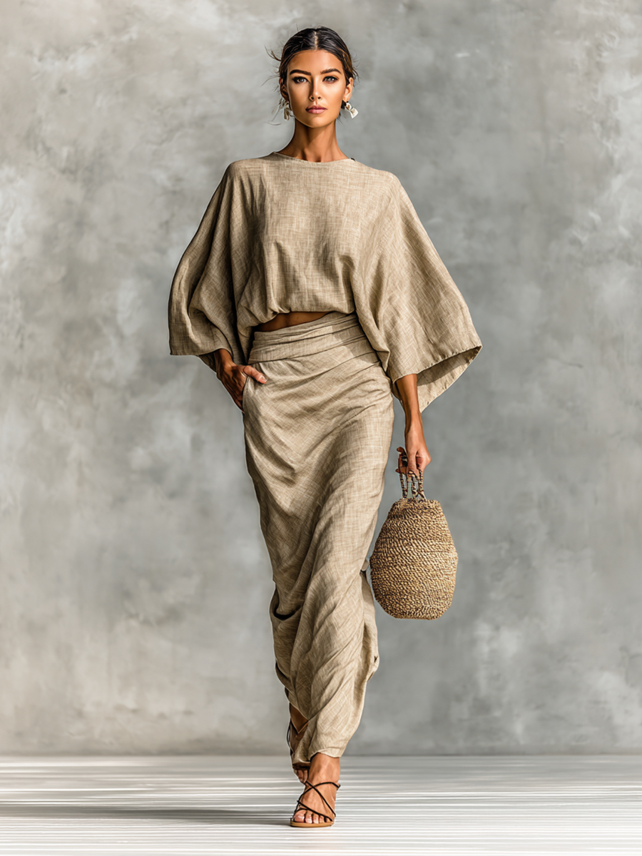 Two-piece set with long skirt in cotton-linen blend and batwing sleeves
