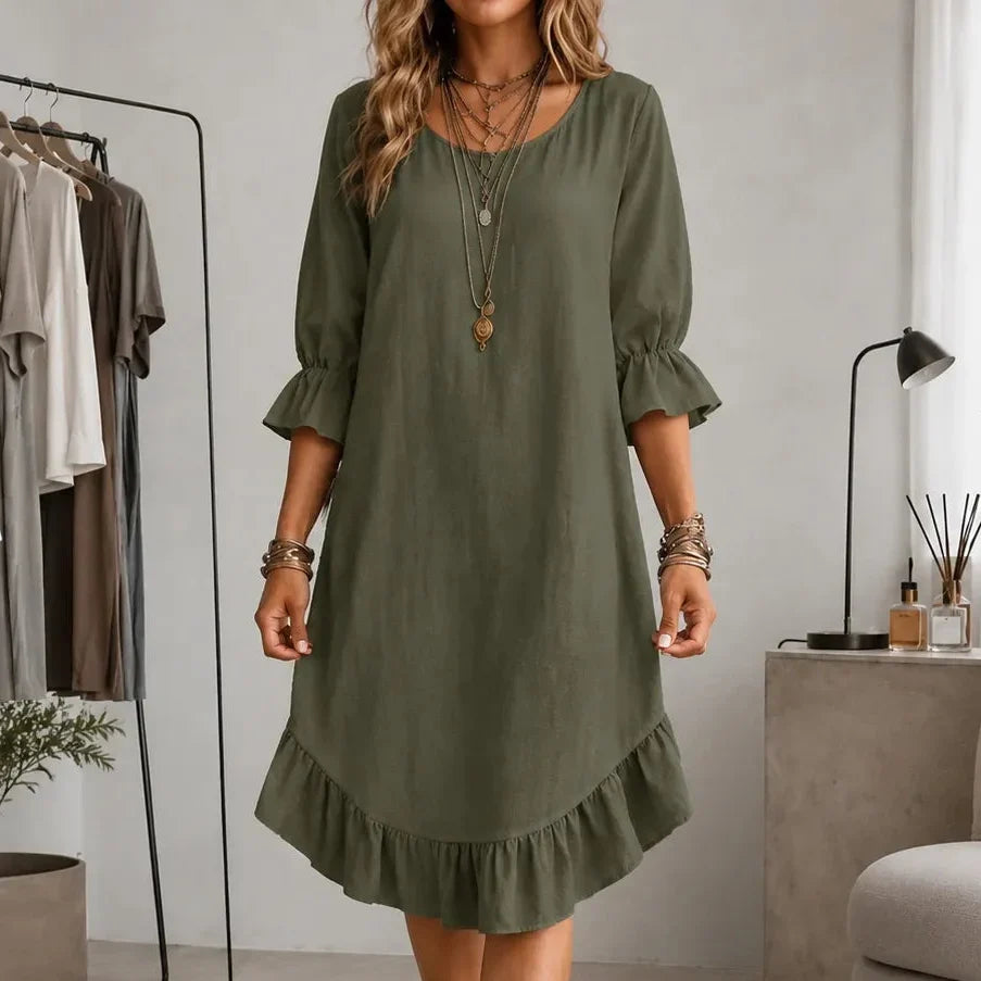 Florenza – Ruffle Hem Midi Dress with Bell Sleeves