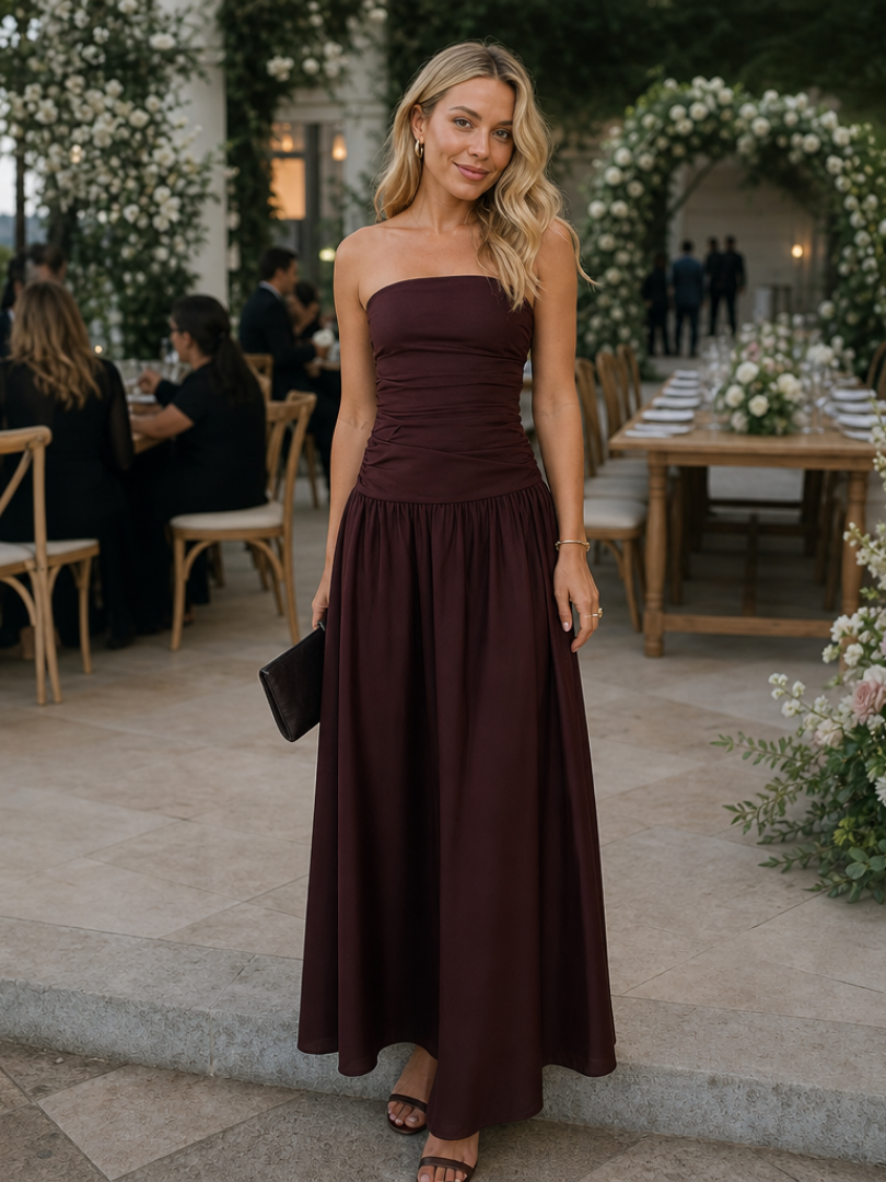 Zelene | Strapless Ruched Bodice Midi Dress