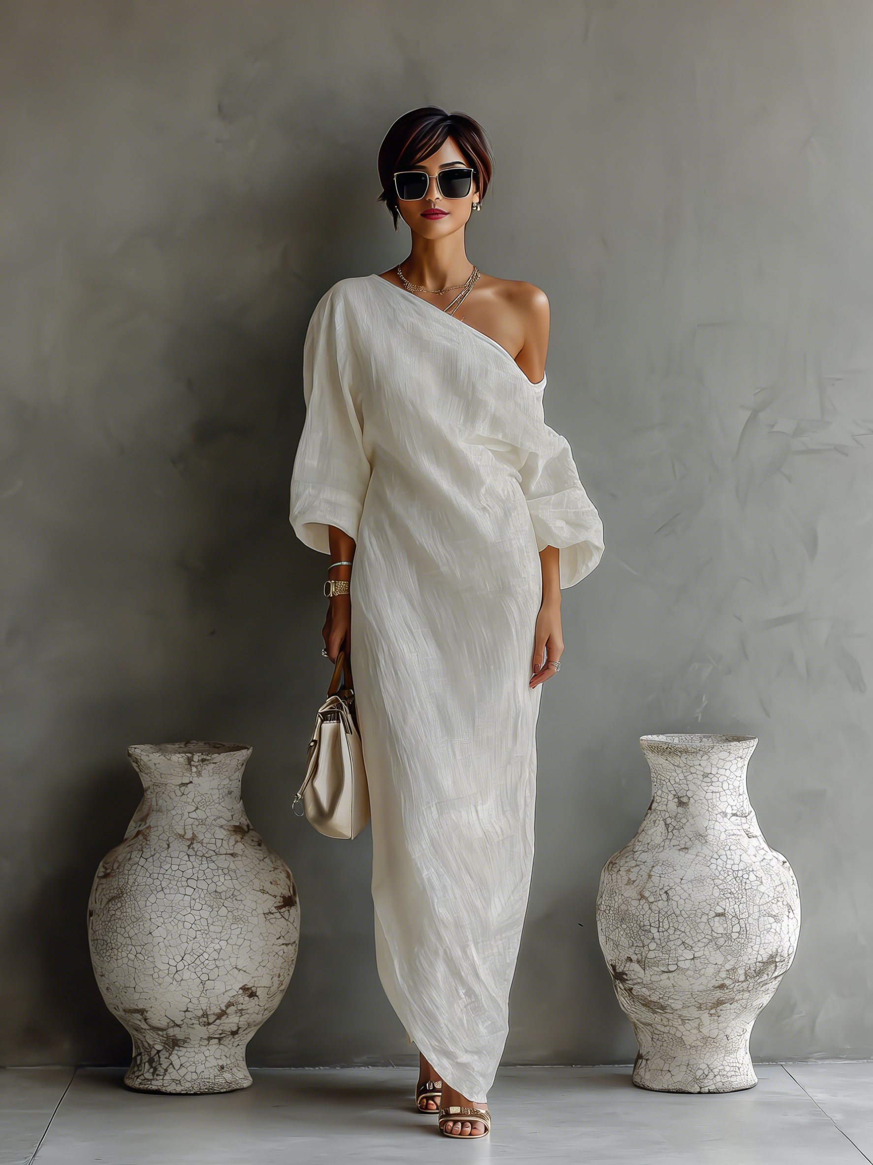 Elegant Flowing Dress in Ivory White Cotton-Linen with Off-Shoulder