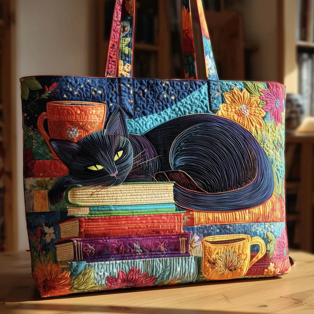 Artisanal Bag - Black Cat with Books and Mugs
