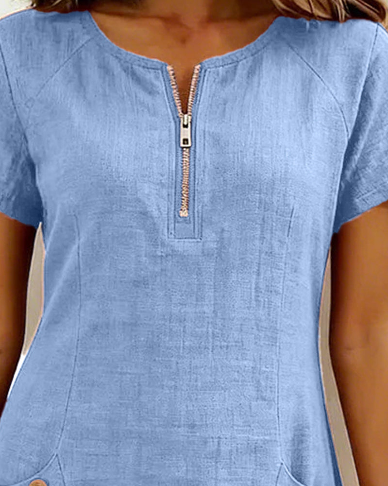 Short Linen and Cotton Dress with Zipper Closure - Elegant A-Line Cut