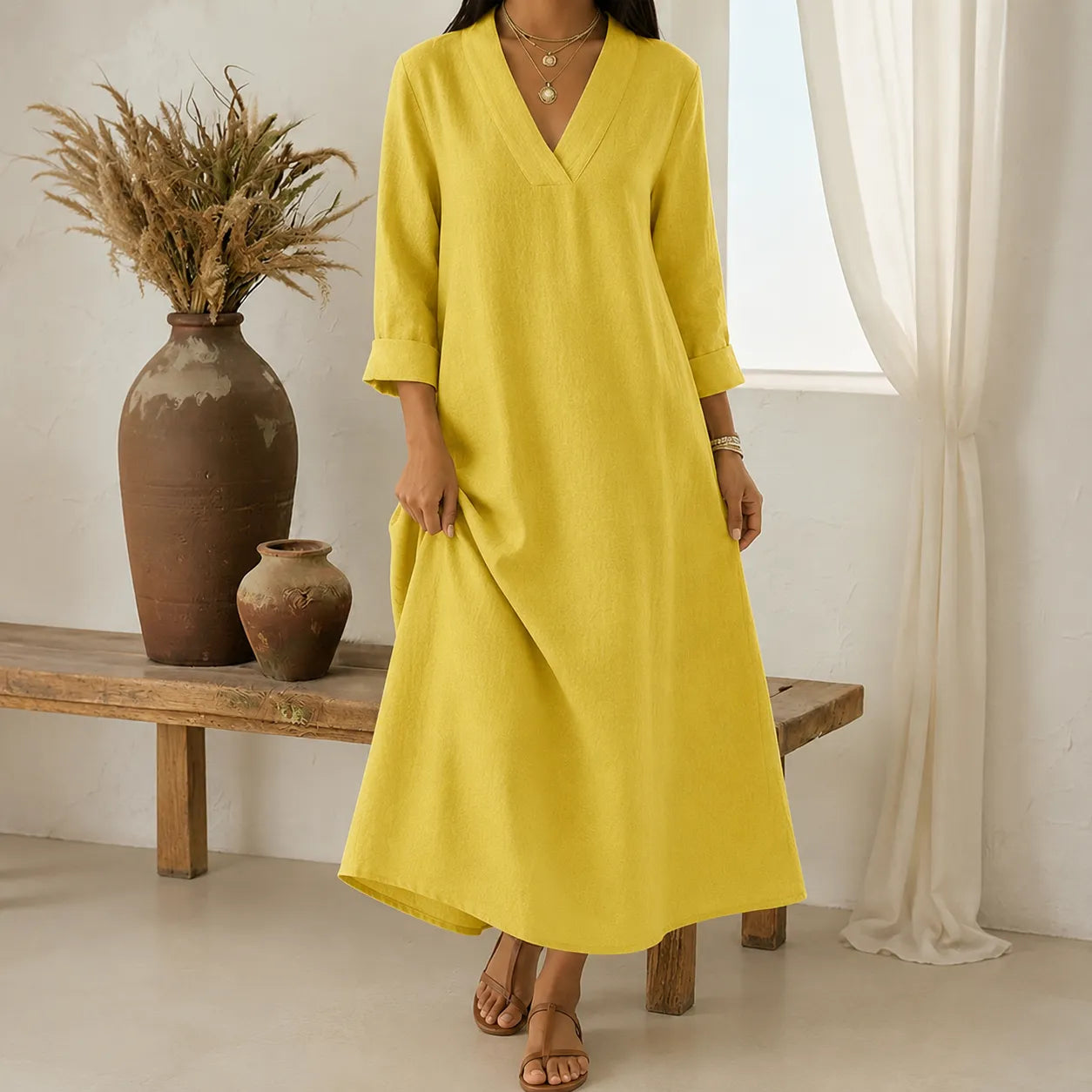 Lunara – Linen-Look V-Neck A-Line Maxi Dress with Pockets