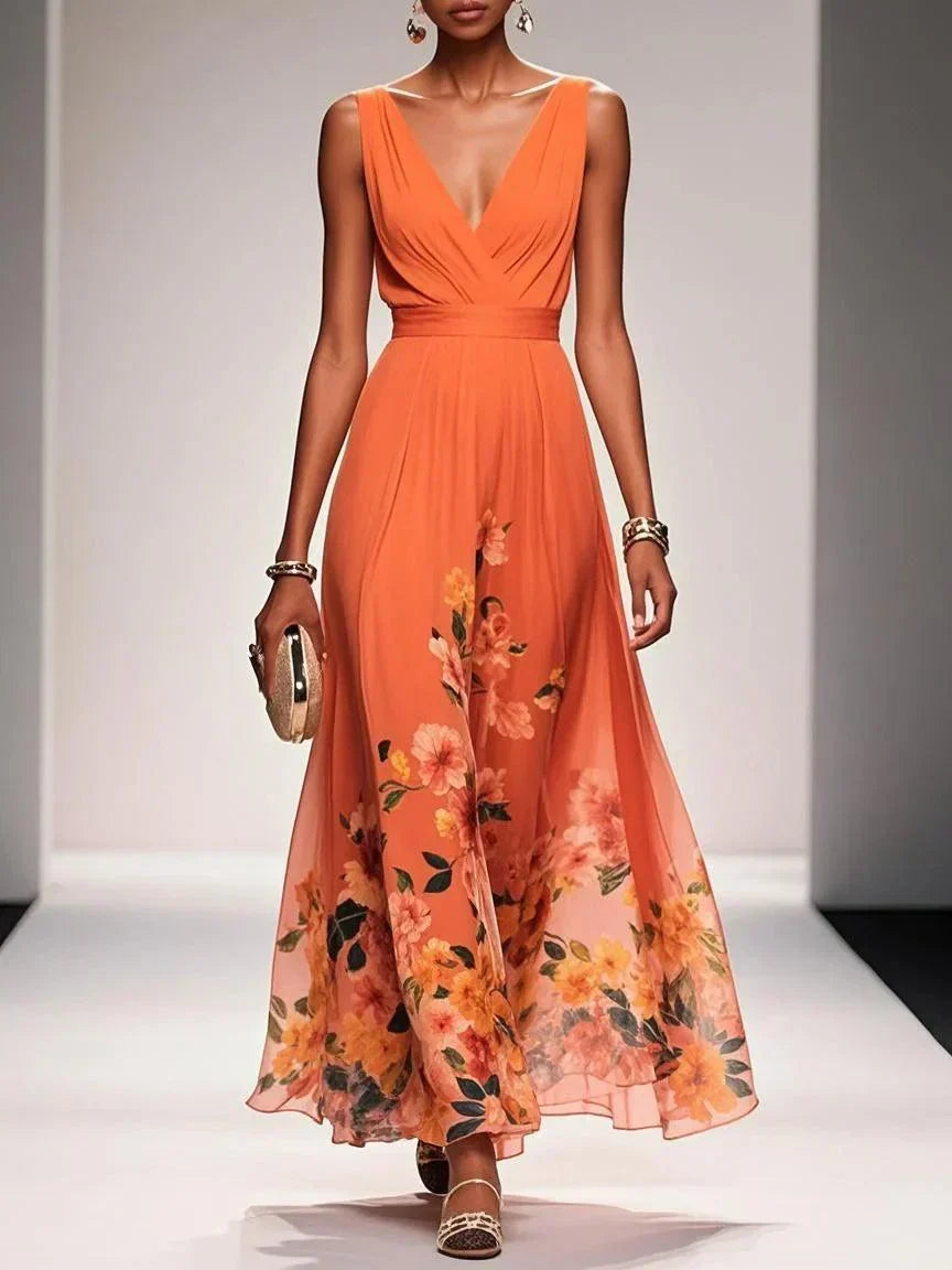 Elegant Light Blue Floral Chiffon V-Neck Sleeveless A-Line Maxi Dress