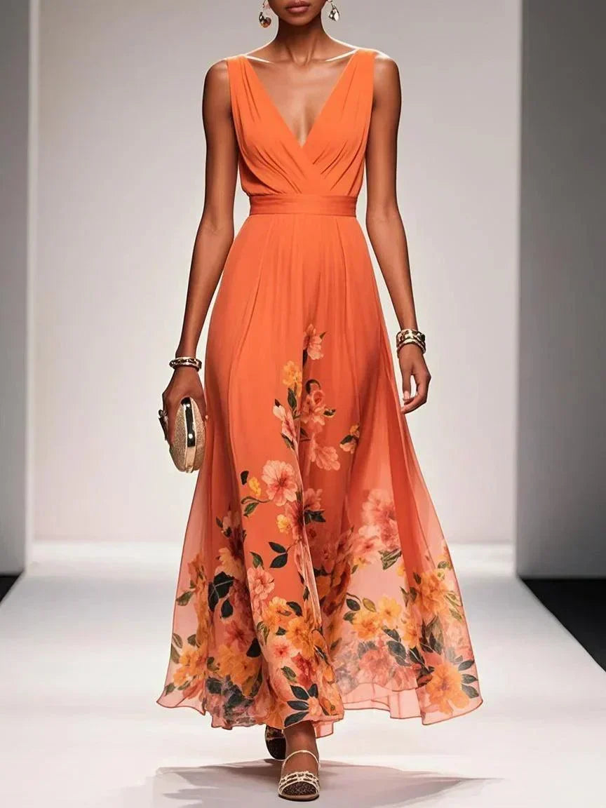 Rose | Light Blue Floral Chiffon V-Neck Maxi Dress