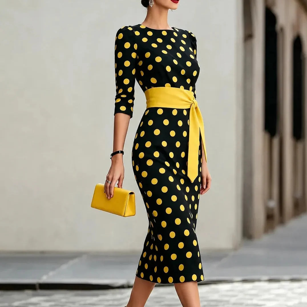 Belora – Retro Polka Dot Midi Dress with Belted Waist