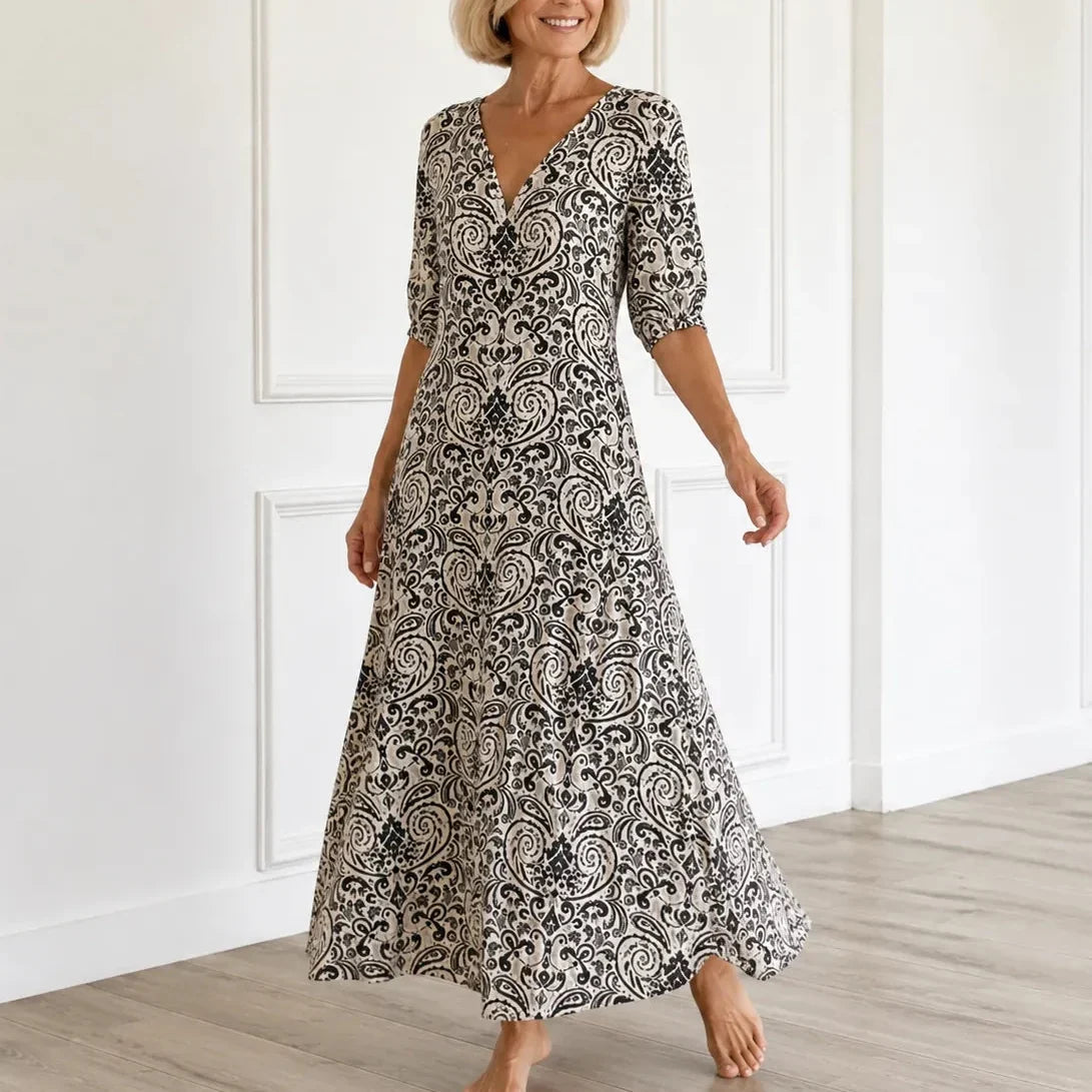 Florenza – Vintage Paisley V-Neck A-Line Maxi Dress with Half Sleeves