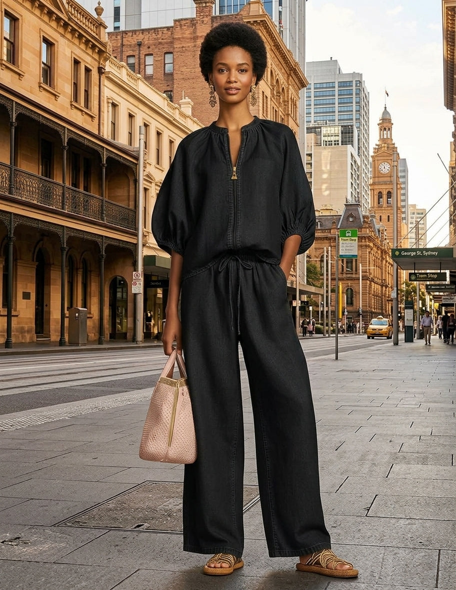 Cozy Stylish Zip-up Top And Wide-leg Jeans Set