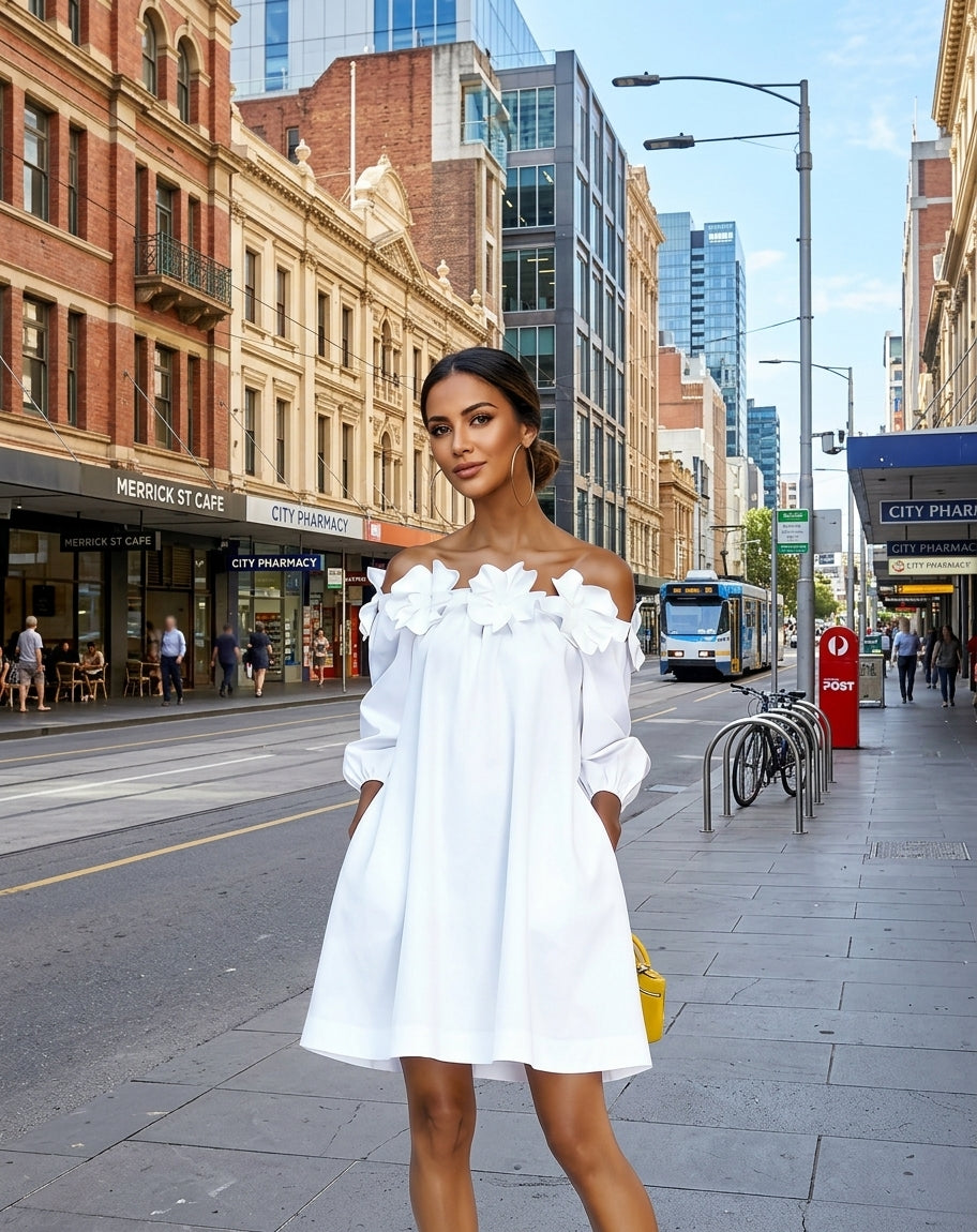 Loania - Floral Accent Off-Shoulder Dress