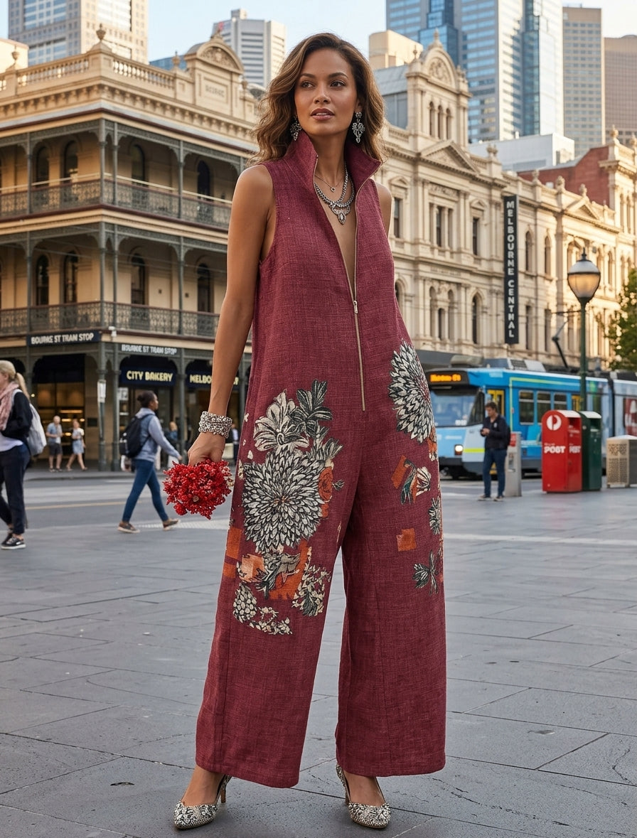 Retro Floral Print Zip-front Wide-leg Cotton-linen Jumpsuit