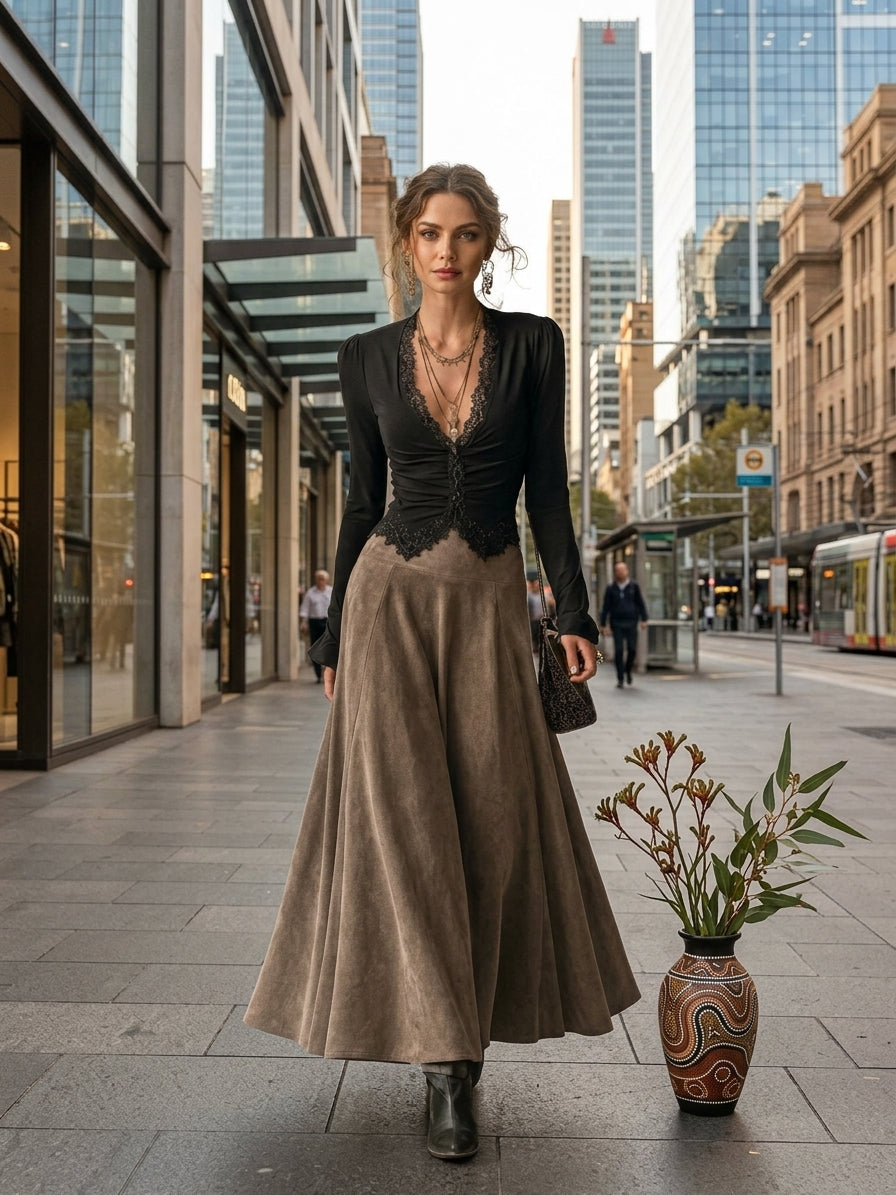 Black lace-trimmed top and faux-suede flared maxi skirt set