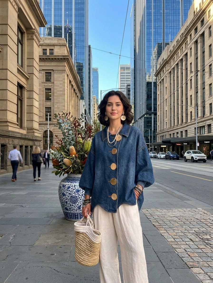 Collared Oversized Denim Jacket With Large Metal Buttons