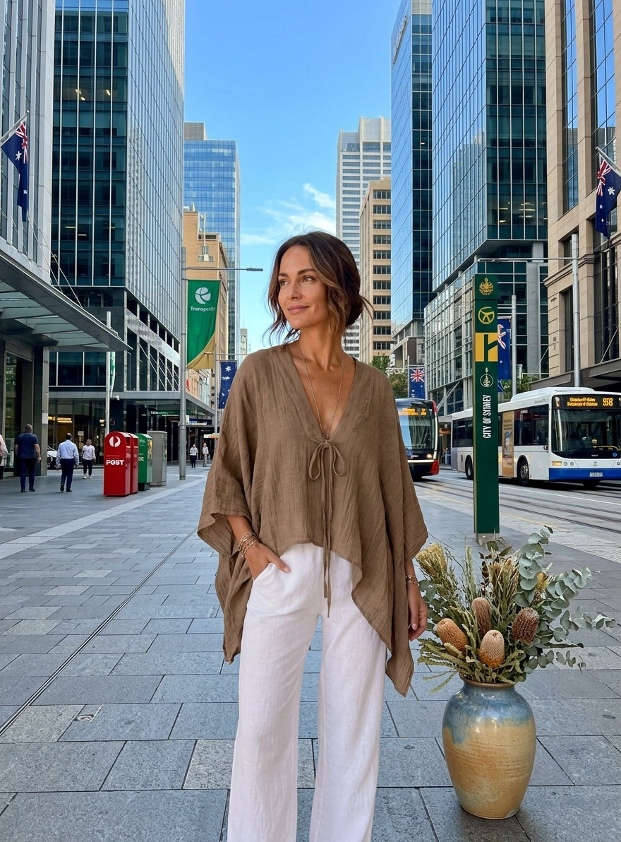 Women's Casual Loose Batwing Sleeve Tie Cotton Linen Top
