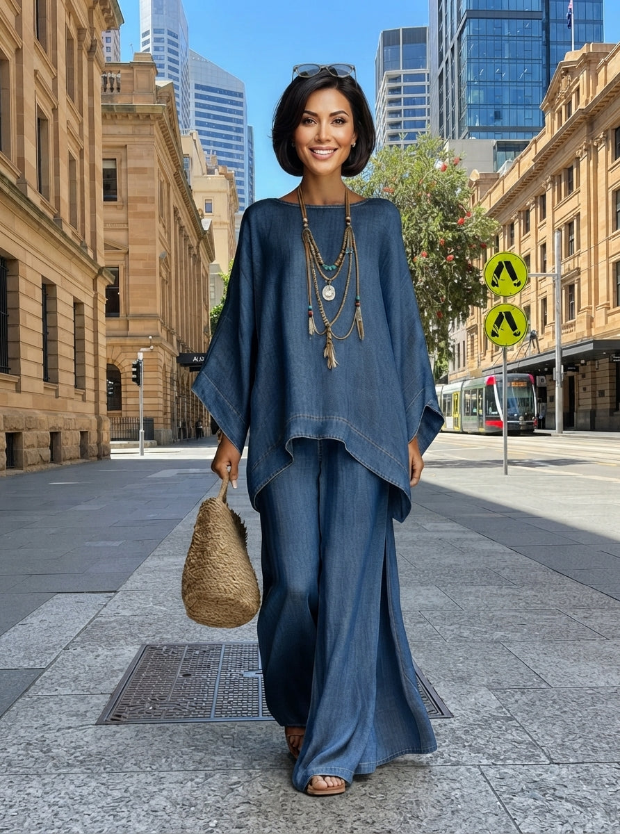 Cozy And Casual Tencel Denim Top And Wide-leg Pants Two-piece Set