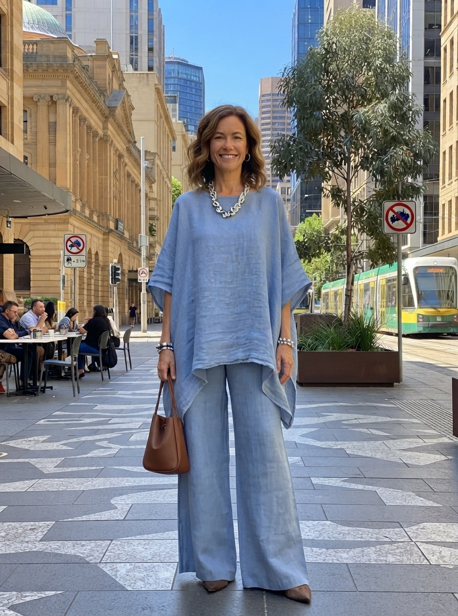 Women's Solid-color Cotton-linen Set: Loose-fit Round-neck 3/4-sleeve Top & High-waisted Wide-leg Pants
