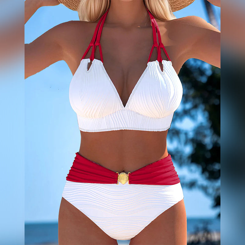 Swimsuit with double straps, high waist, and contrasting color