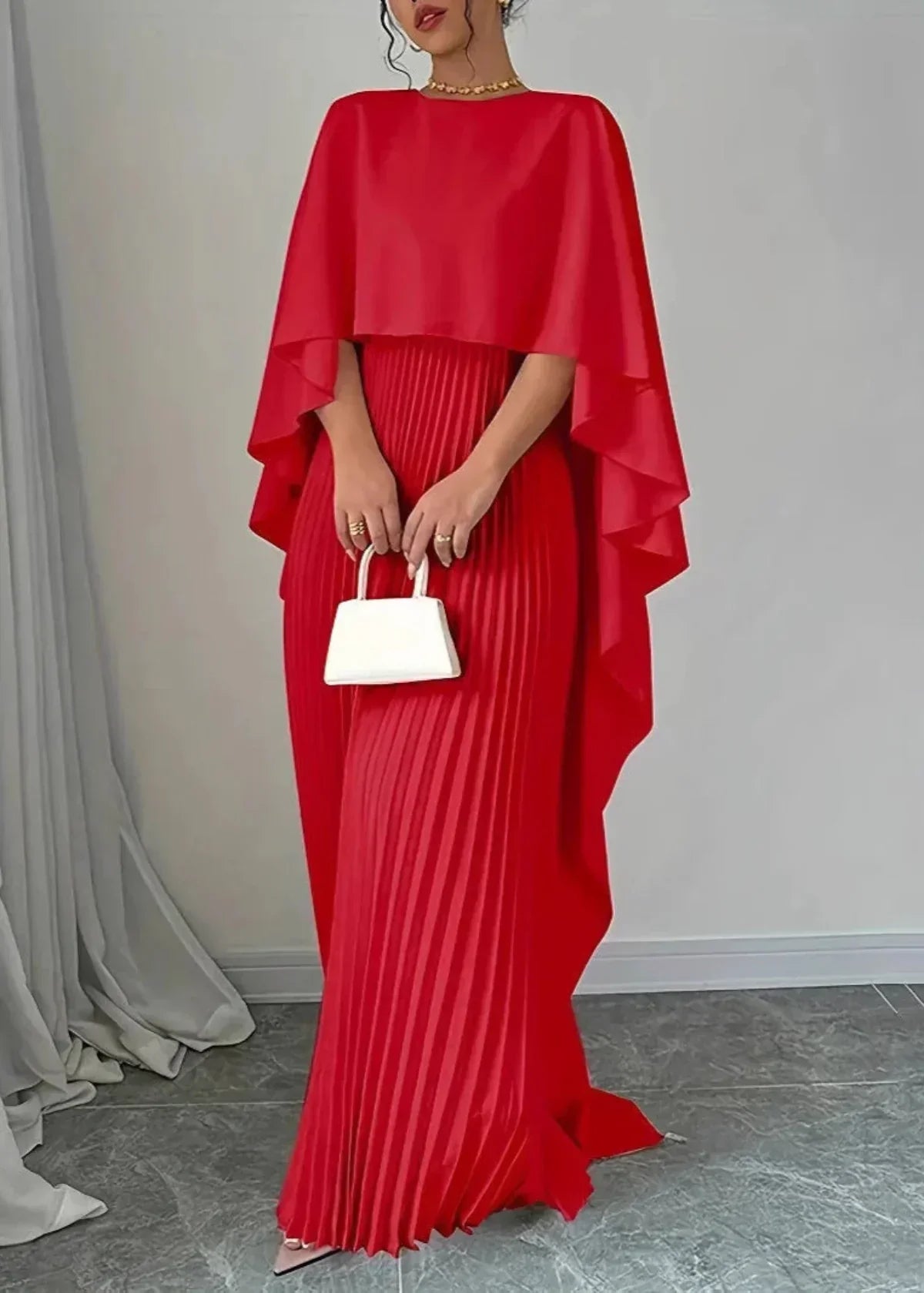 Makayla | Women’s Wedding Guest Pleated Cape Maxi Dress