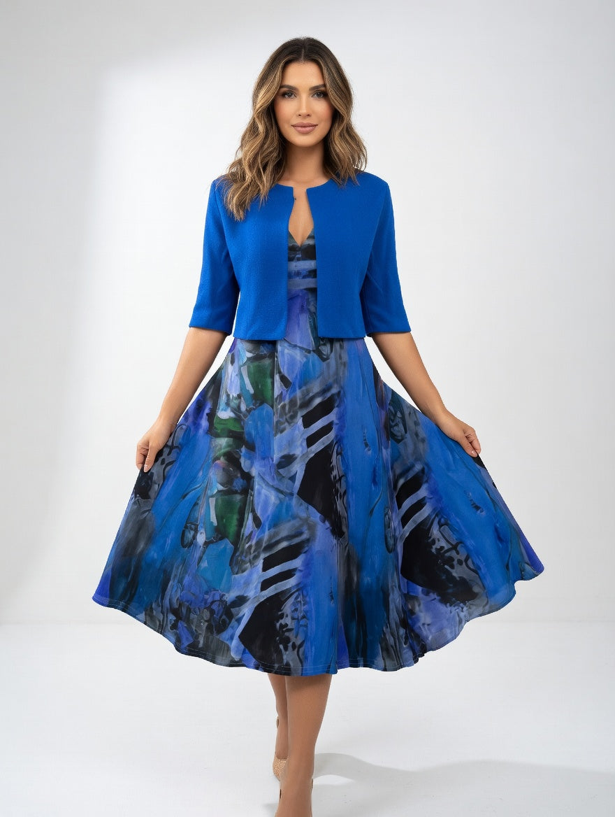 Fluid Midi Dress with Bolero - Elegant Artistic Print