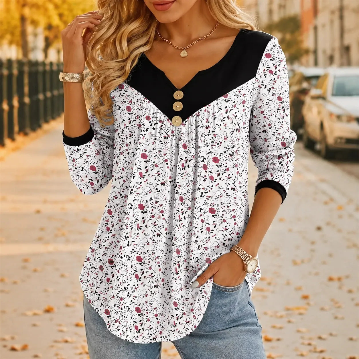 Evelora – Floral V-Neck Tunic Top with Button Yoke
