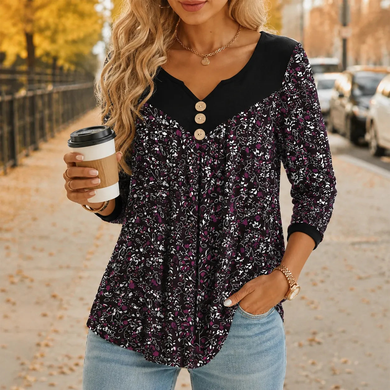 Evelora – Floral V-Neck Tunic Top with Button Yoke