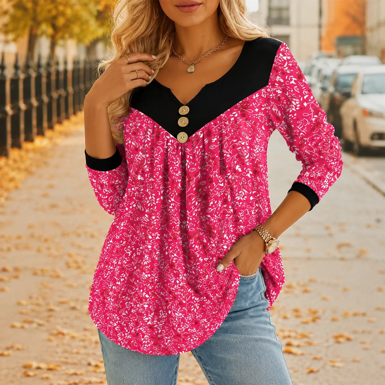 Evelora – Floral V-Neck Tunic Top with Button Yoke