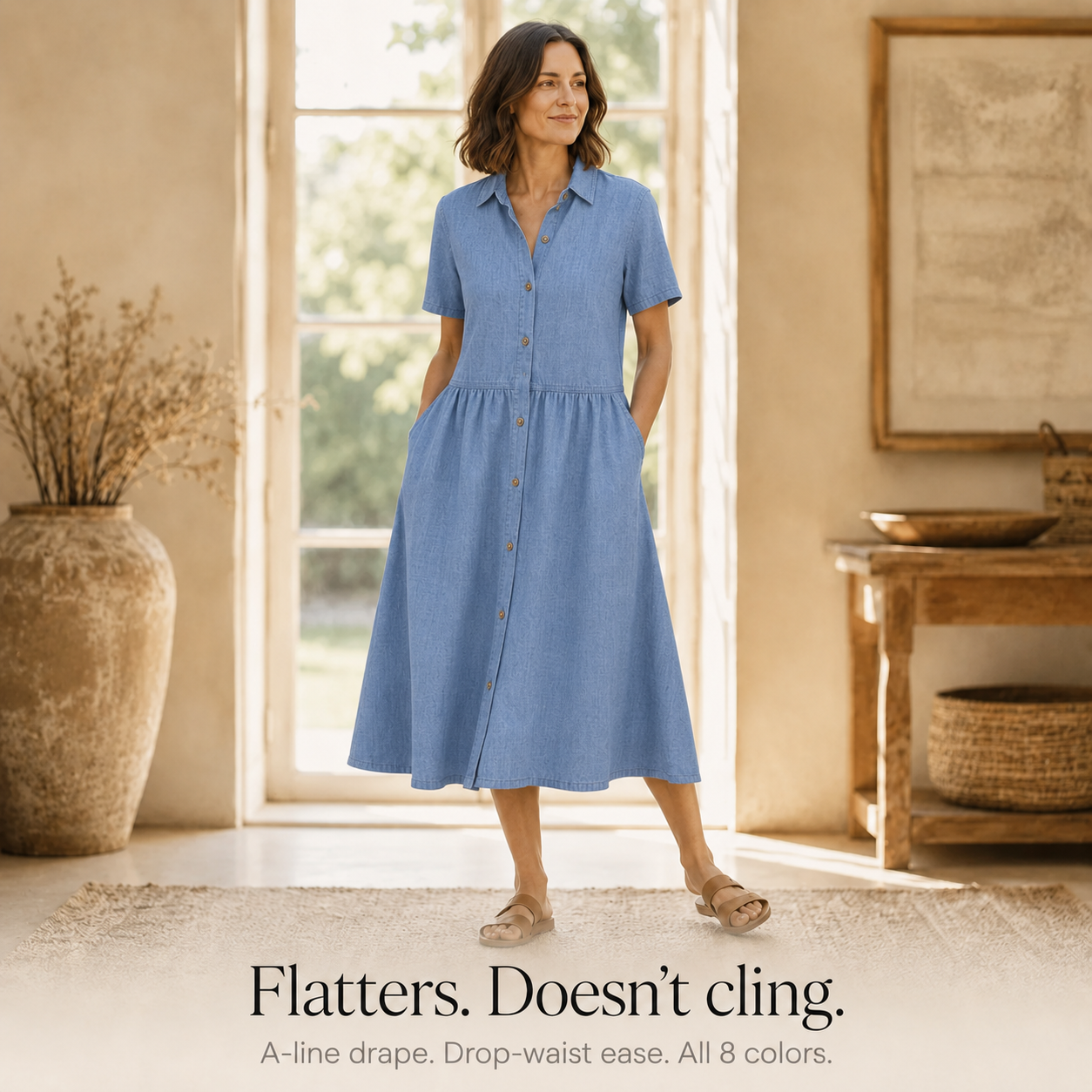 Everly – Shirt Dress with Pockets A-Line Midi Button Front