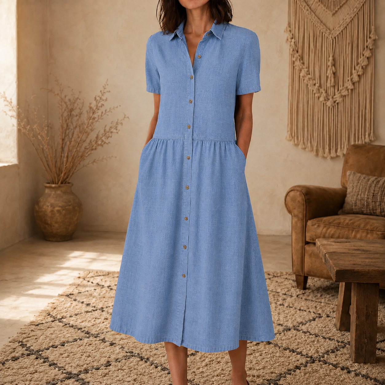 Everly – Shirt Dress with Pockets A-Line Midi Button Front