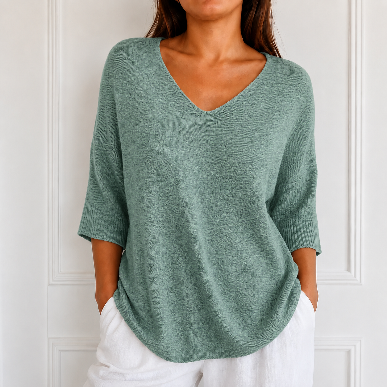 Elowyn – Soft V-Neck Knit Tunic Top for Women, Loose Drape