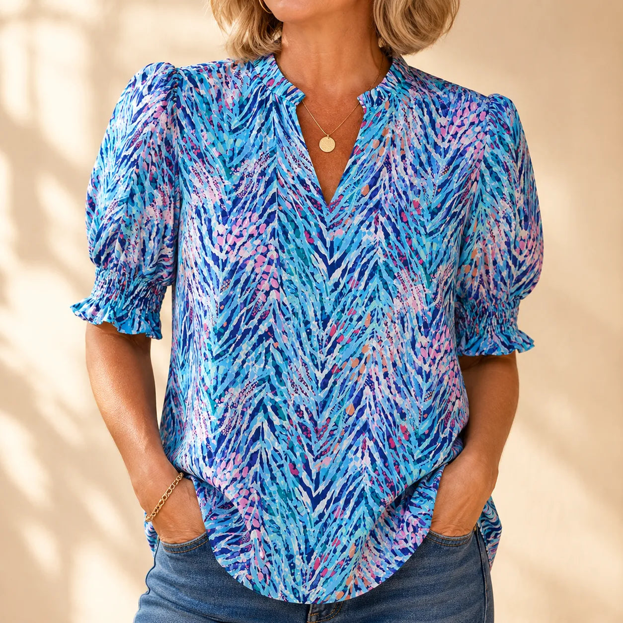 Elowen – Women's V-Neck Puff Sleeve Blouse with Smocked Cuffs, Flowy Floral Top