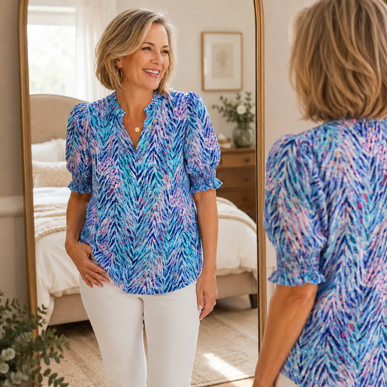Elowen – Women's V-Neck Puff Sleeve Blouse with Smocked Cuffs, Flowy Floral Top