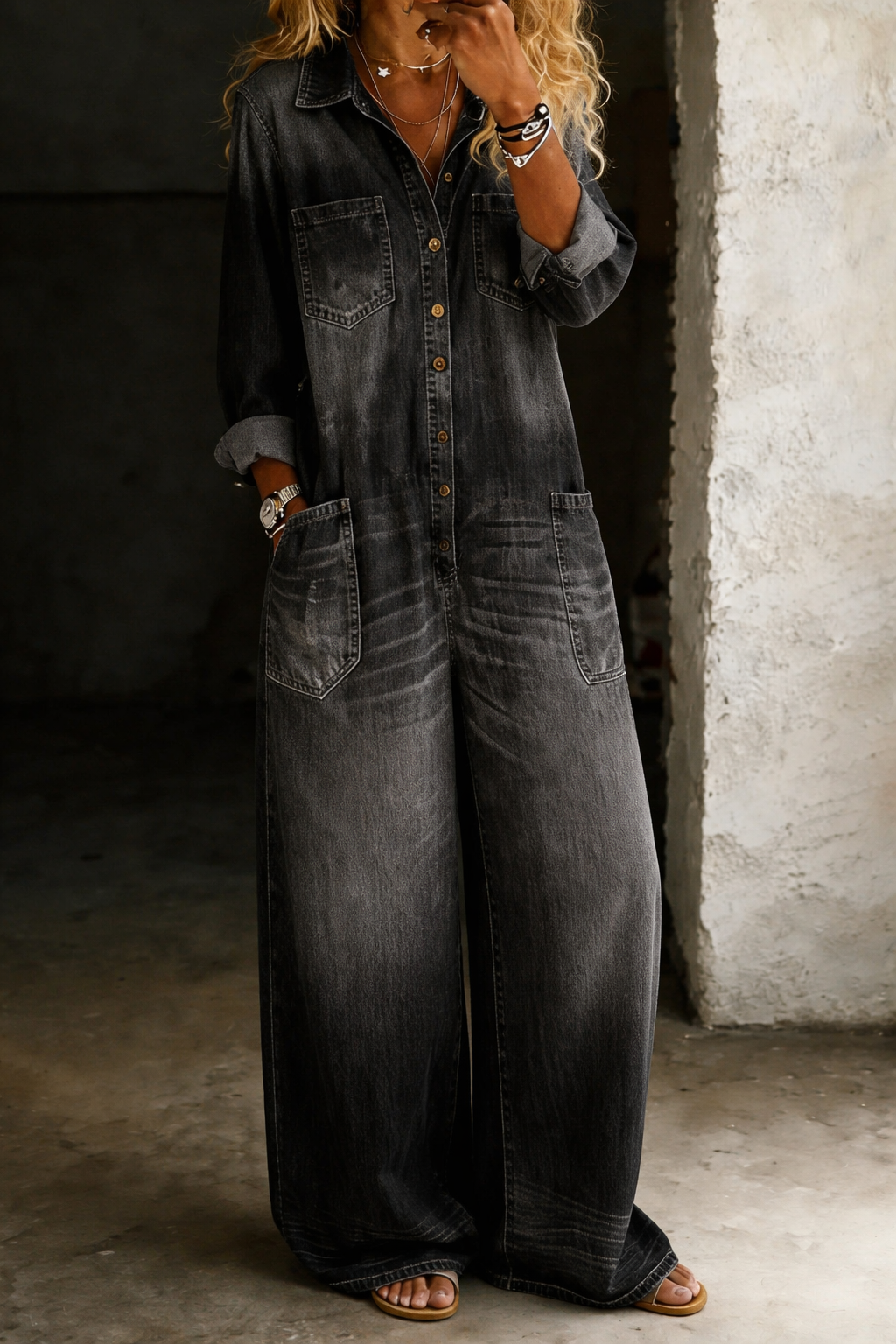 Monroe - Relaxed Wide-Leg Utility Denim Jumpsuit