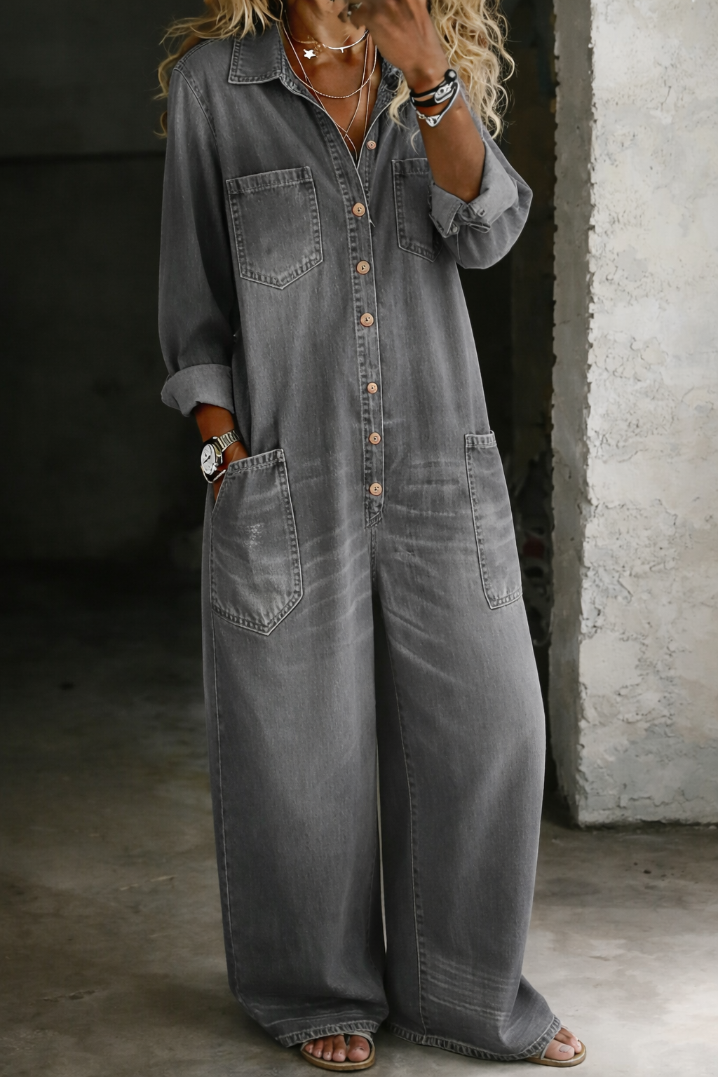 Monroe - Relaxed Wide-Leg Utility Denim Jumpsuit