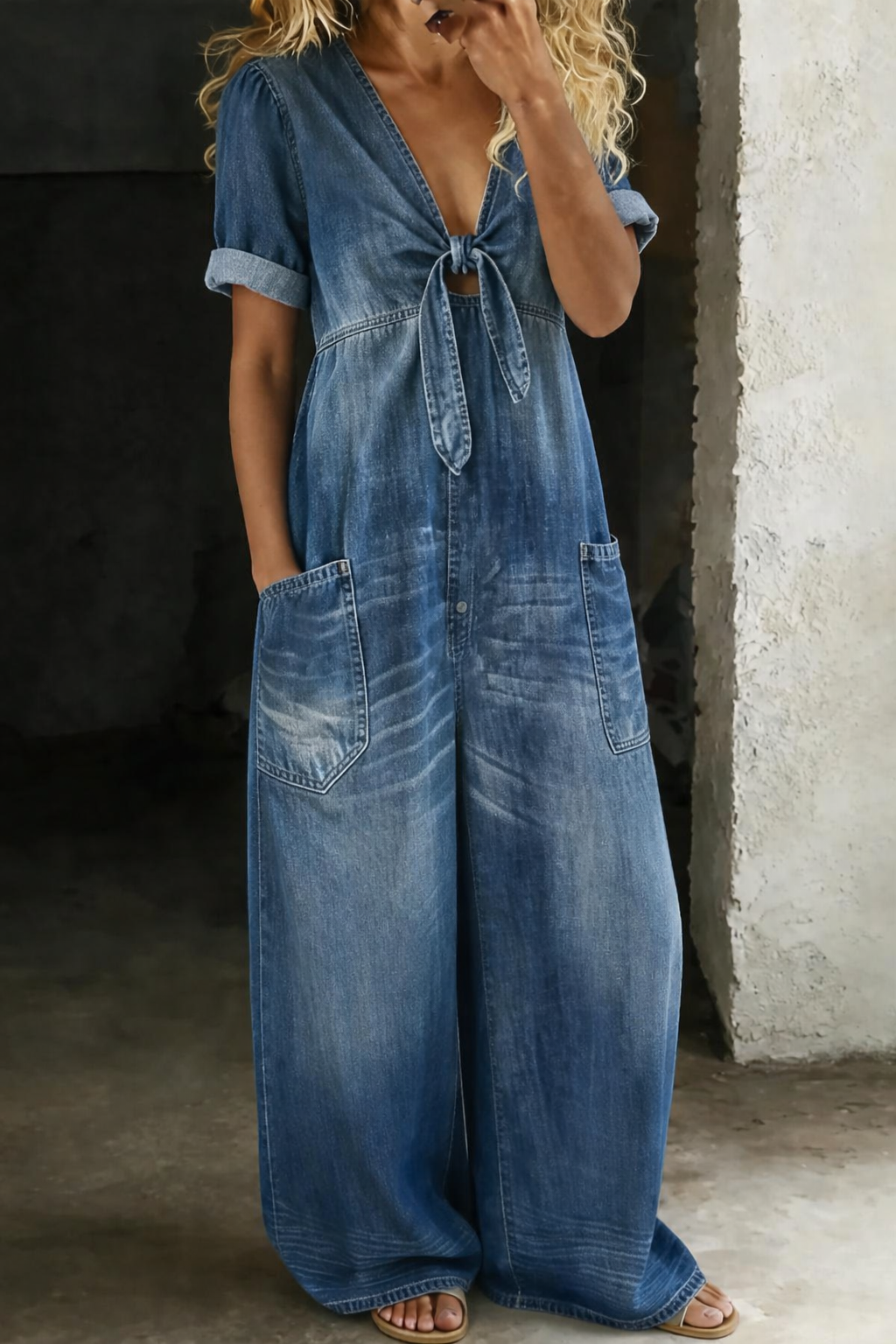 Solmira - Relaxed Tie-Front Denim Jumpsuit