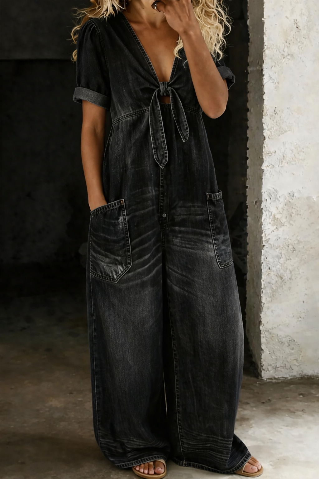 Solmira - Relaxed Tie-Front Denim Jumpsuit