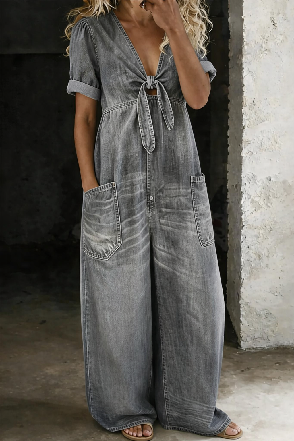 Solmira - Relaxed Tie-Front Denim Jumpsuit