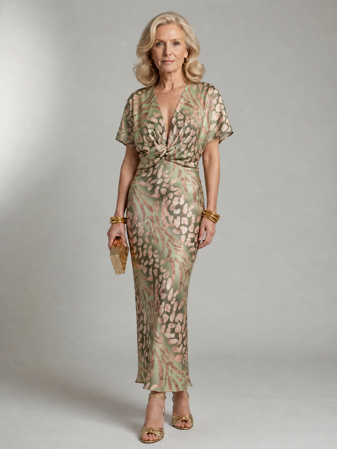 Abstract Print Midi Dress with V-Neck and Twisted Waist