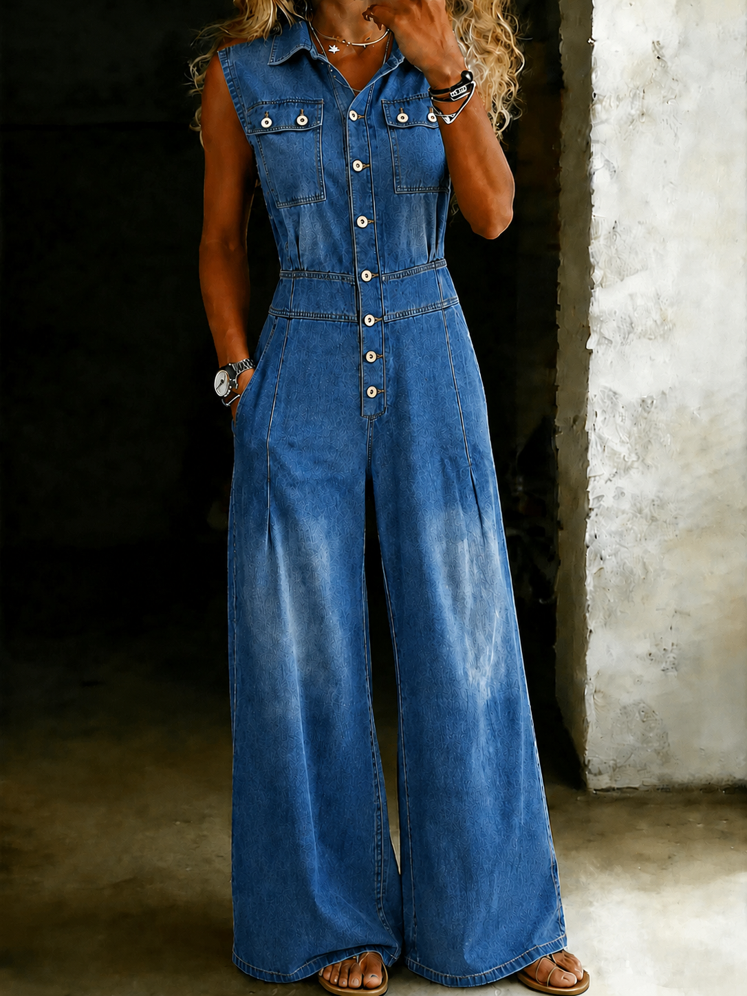 Stella | Cinched Waist Wide Leg Denim Jumpsuit